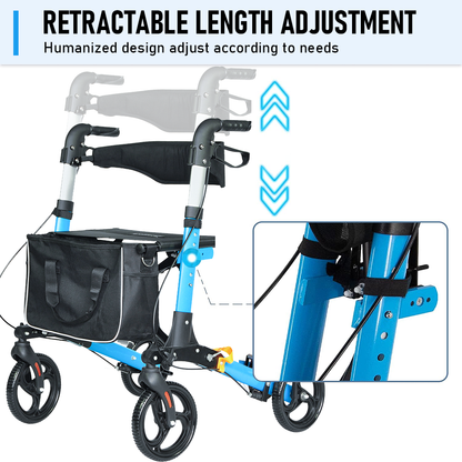 Mershine  2 In 1 Foldable X-Fold Mobility Walker Rollator Chair Aid 8 Inch Wheel Max Load 136KG with Zippered Storage Bag for Elderly Seniors Indoor Outdoor Use