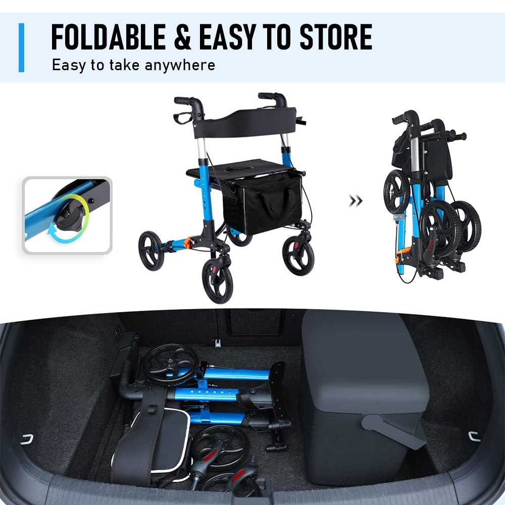 Mershine  2 In 1 Foldable X-Fold Mobility Walker Rollator Chair Aid 8 Inch Wheel Max Load 136KG with Zippered Storage Bag for Elderly Seniors Indoor Outdoor Use