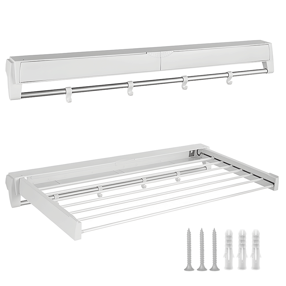 Mershine Wall Mounted Drying Rack Clothes Airer Space Saver Folding Dryer Bearing Capacity 12KG Foldable Rail With Hooks Indoor Outdoor Balcony Laundry White