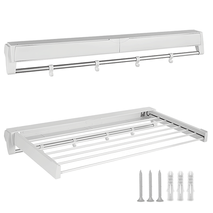 Mershine Wall Mounted Drying Rack Clothes Airer Space Saver Folding Dryer Bearing Capacity 12KG Foldable Rail With Hooks Indoor Outdoor Balcony Laundry White