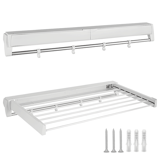 Mershine Wall Mounted Drying Rack Clothes Airer Space Saver Folding Dryer Bearing Capacity 12KG Foldable Rail With Hooks Indoor Outdoor Balcony Laundry White