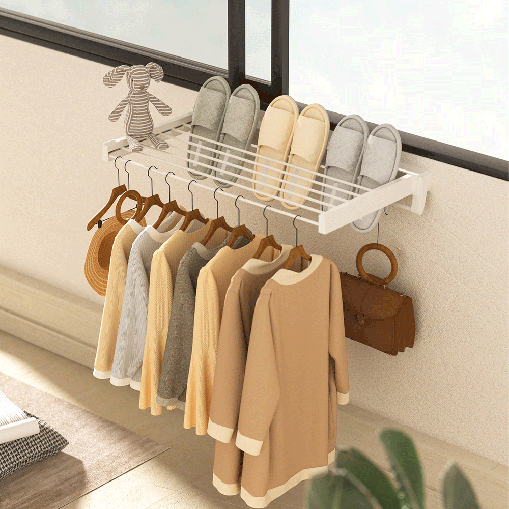 Mershine Wall Mounted Drying Rack Clothes Airer Space Saver Folding Dryer Bearing Capacity 12KG Foldable Rail With Hooks Indoor Outdoor Balcony Laundry White