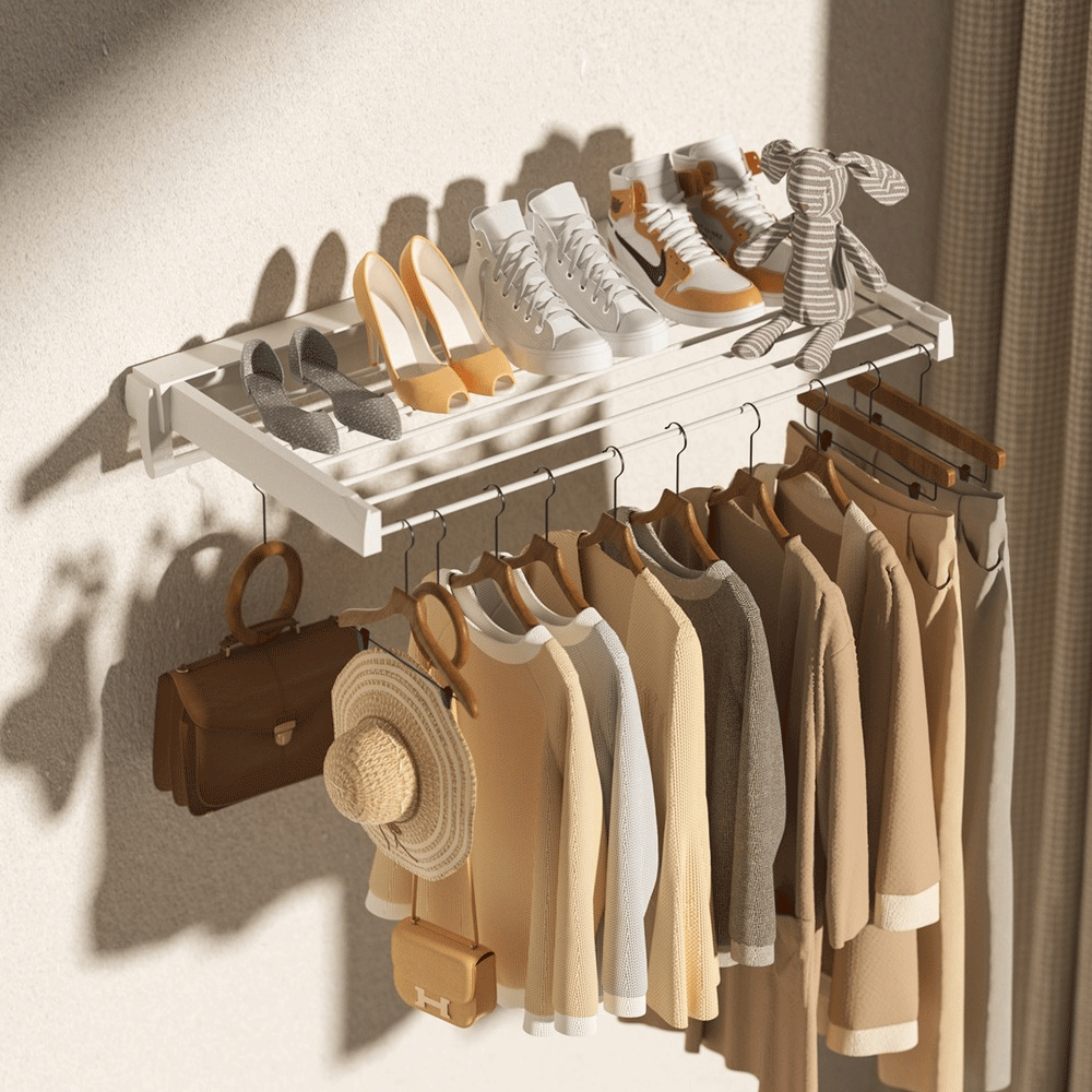 Mershine Wall Mounted Drying Rack Clothes Airer Space Saver Folding Dryer Bearing Capacity 12KG Foldable Rail With Hooks Indoor Outdoor Balcony Laundry White