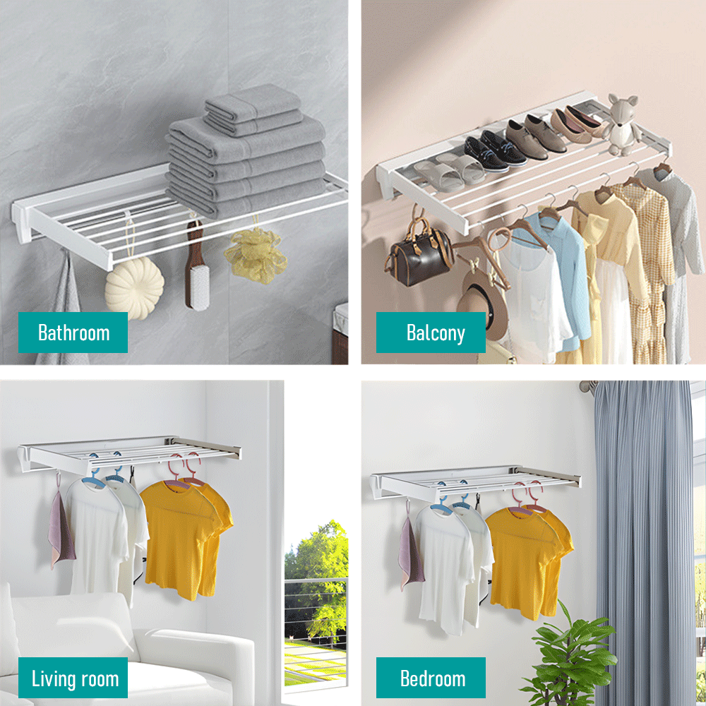 Mershine Wall Mounted Drying Rack Clothes Airer Space Saver Folding Dryer Bearing Capacity 12KG Foldable Rail With Hooks Indoor Outdoor Balcony Laundry White