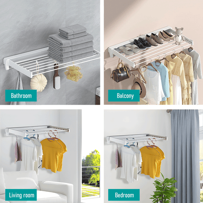 Mershine Wall Mounted Drying Rack Clothes Airer Space Saver Folding Dryer Bearing Capacity 12KG Foldable Rail With Hooks Indoor Outdoor Balcony Laundry White
