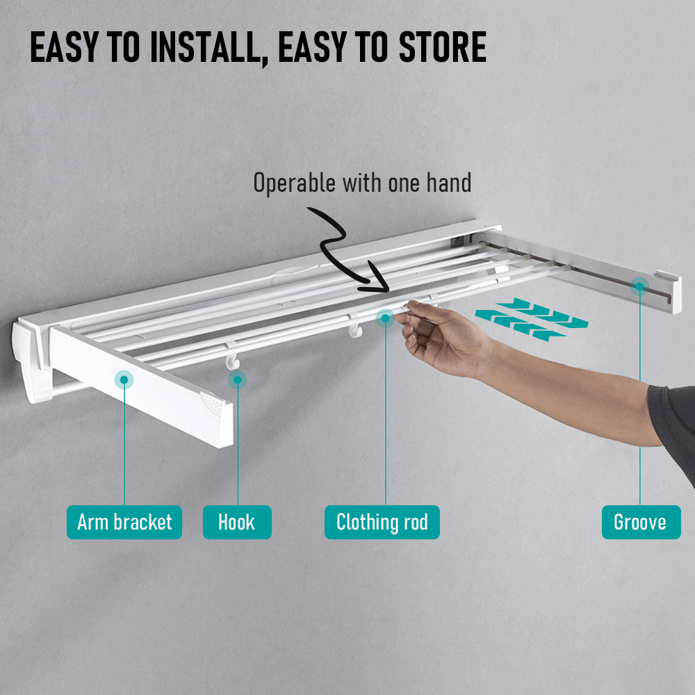Mershine Wall Mounted Drying Rack Clothes Airer Space Saver Folding Dryer Bearing Capacity 12KG Foldable Rail With Hooks Indoor Outdoor Balcony Laundry White