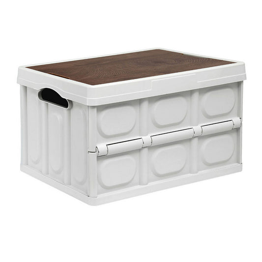 Gardeon Collapsible Outdoor Storage Box 50L Stackable Folding Camping Organizer Plywood Lid Beige