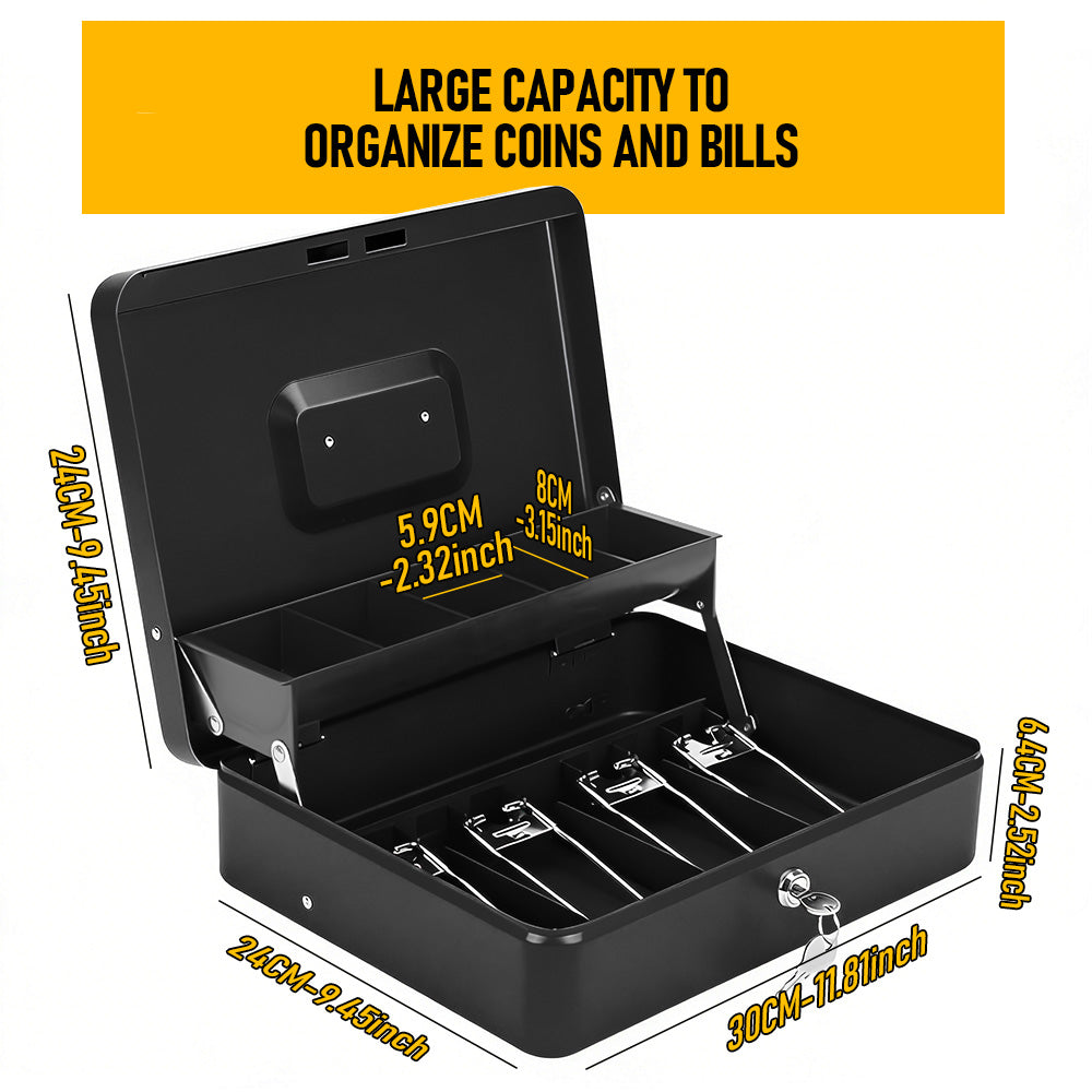 Metal Cash Box with Security Lock & 2 Keys - 4 Bill/5 Coin Tray Storage, Large Lockable Money Box for Small Business/Home