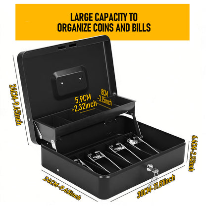 Metal Cash Box with Security Lock & 2 Keys - 4 Bill/5 Coin Tray Storage, Large Lockable Money Box for Small Business/Home
