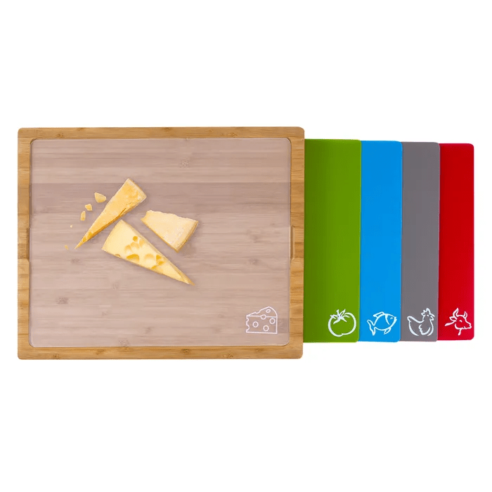 Bamboo Chopping Board with 5 Pcs Color-Coded Flexible Cutting Mats