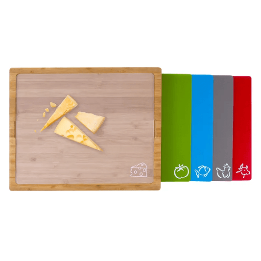 Bamboo Chopping Board with 5 Pcs Color-Coded Flexible Cutting Mats