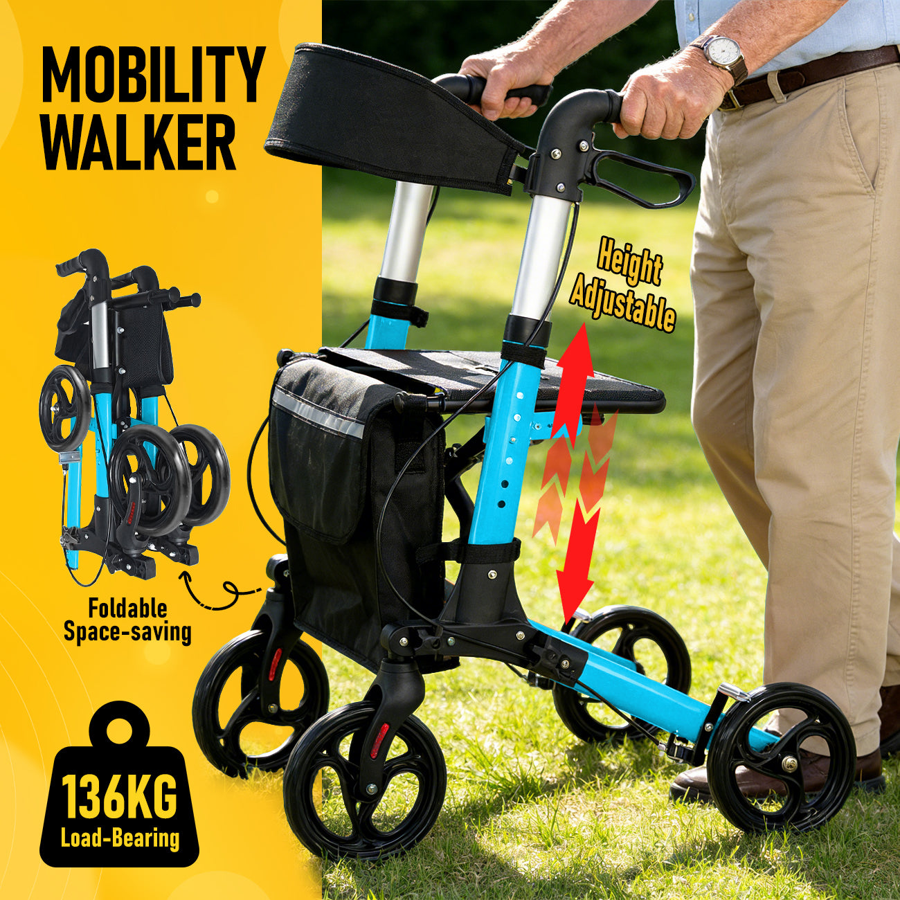 Aluminium Rollator Walker for Elderly with Seat & Reflective Strip, 4 Wheel Foldable Mobility Hight Adjustable with Storage Bag and Brakes Mobility Scooter
