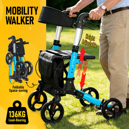 Aluminium Rollator Walker for Elderly with Seat & Reflective Strip, 4 Wheel Foldable Mobility Hight Adjustable with Storage Bag and Brakes Mobility Scooter