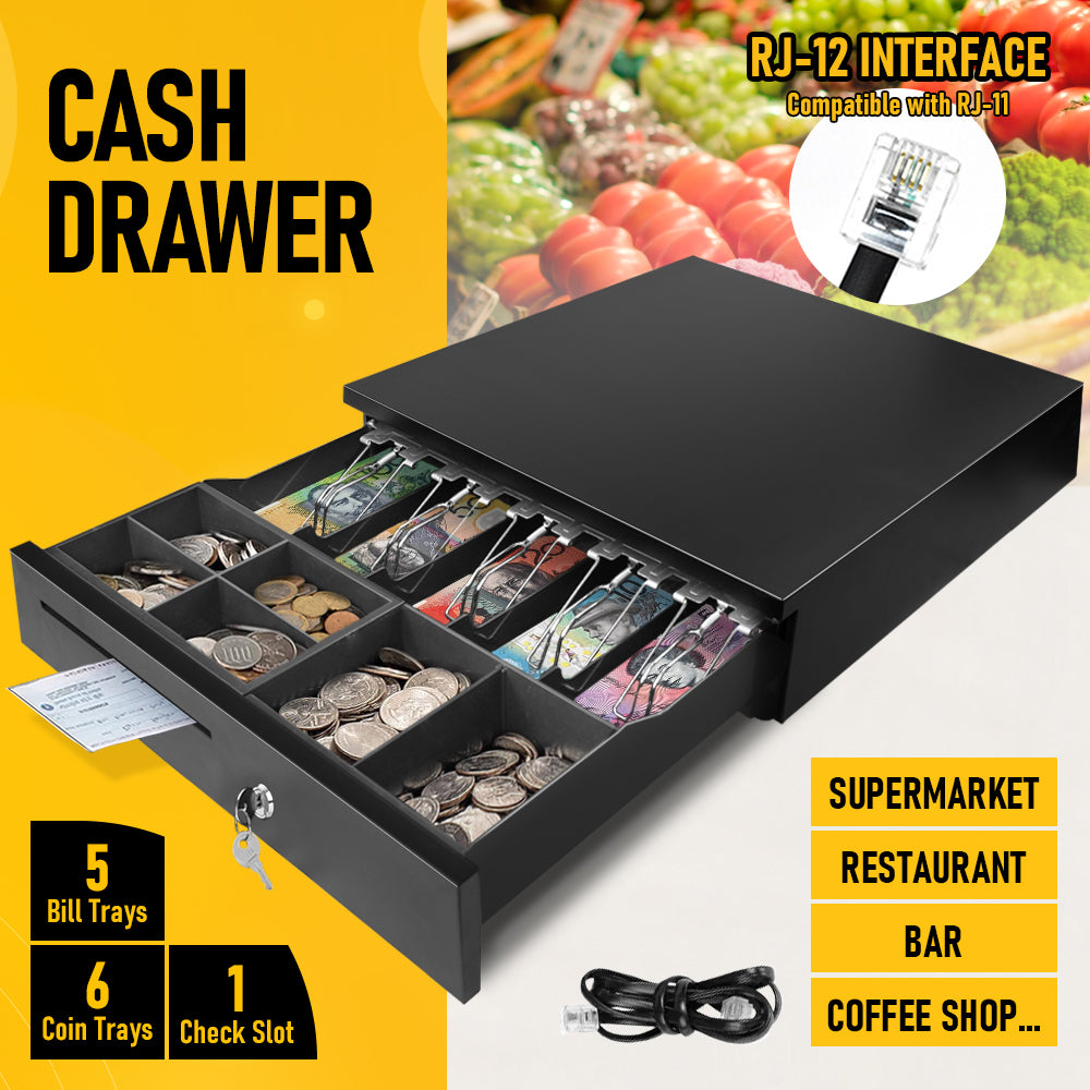 Heavy-Duty All-Metal Cash Drawer | 6 Coin Trays & 5 Note Trays | RJ-12 Interface | For Retail, Restaurant, Bar & Café | Black