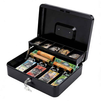 Metal Cash Box with Security Lock & 2 Keys - 4 Bill/5 Coin Tray Storage, Large Lockable Money Box for Small Business/Home