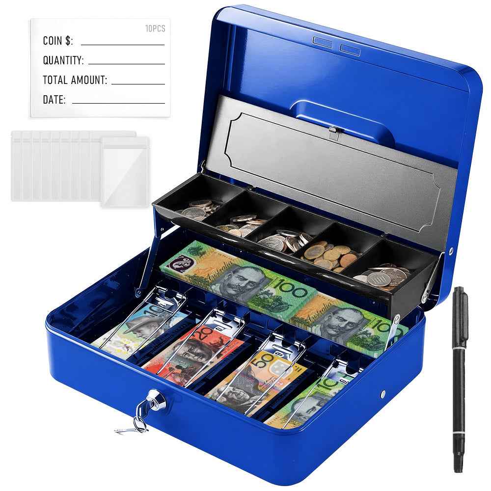 Metal Cash Box with Security Lock & 2 Keys, 4 Bill & 5 Coin Tray with Coin Retainer Cover, Large Lockable Money Box for Small Business, Office, Home, Fundraising & Events