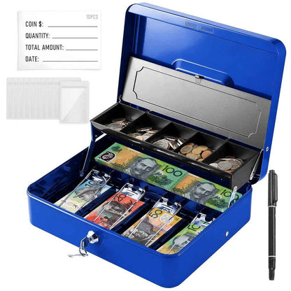 Metal Cash Box with Security Lock & 2 Keys, 4 Bill & 5 Coin Tray with Coin Retainer Cover, Large Lockable Money Box for Small Business, Office, Home, Fundraising & Events