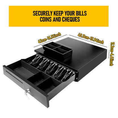 Heavy-Duty All-Metal Cash Drawer | 6 Coin Trays & 5 Note Trays | RJ-12 Interface | For Retail, Restaurant, Bar & Café | Black