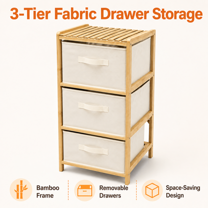 3 Drawer Bamboo Storage Chest Fabric Organiser 78x34x35cm — 3