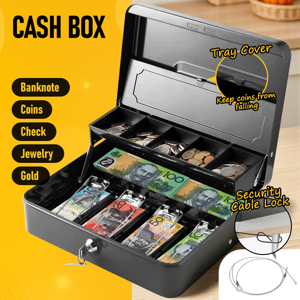 Metal Cash Box with Security Lock & 2 Keys | Coin Retainer Cover | Includes Free Alloy Security Cable | For Business, Office & Home