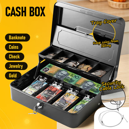 Metal Cash Box with Security Lock & 2 Keys | Coin Retainer Cover | Includes Free Alloy Security Cable | For Business, Office & Home