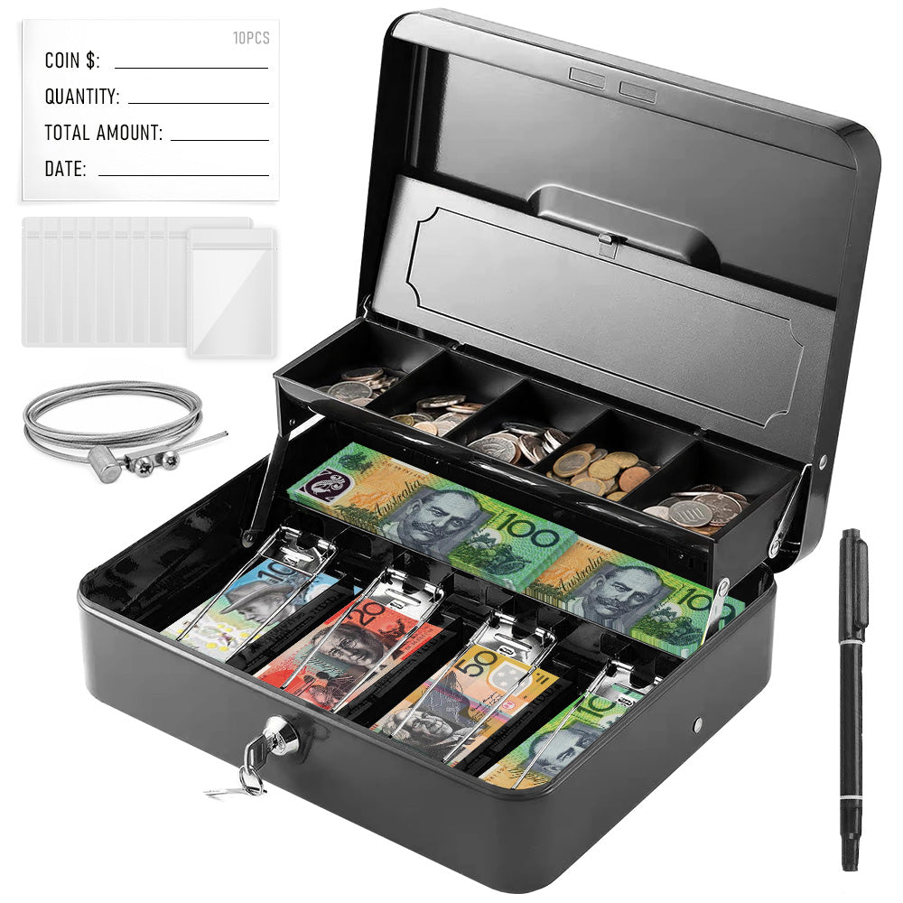 Metal Cash Box with Security Lock & 2 Keys | Coin Retainer Cover | Includes Free Alloy Security Cable | For Business, Office & Home
