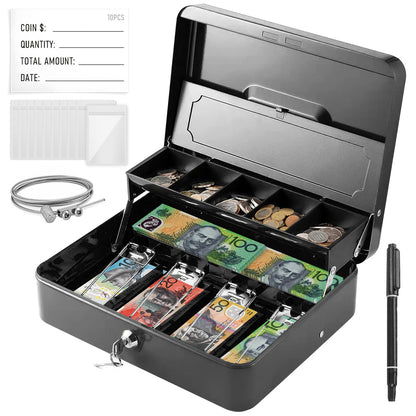 Metal Cash Box with Security Lock & 2 Keys | Coin Retainer Cover | Includes Free Alloy Security Cable | For Business, Office & Home