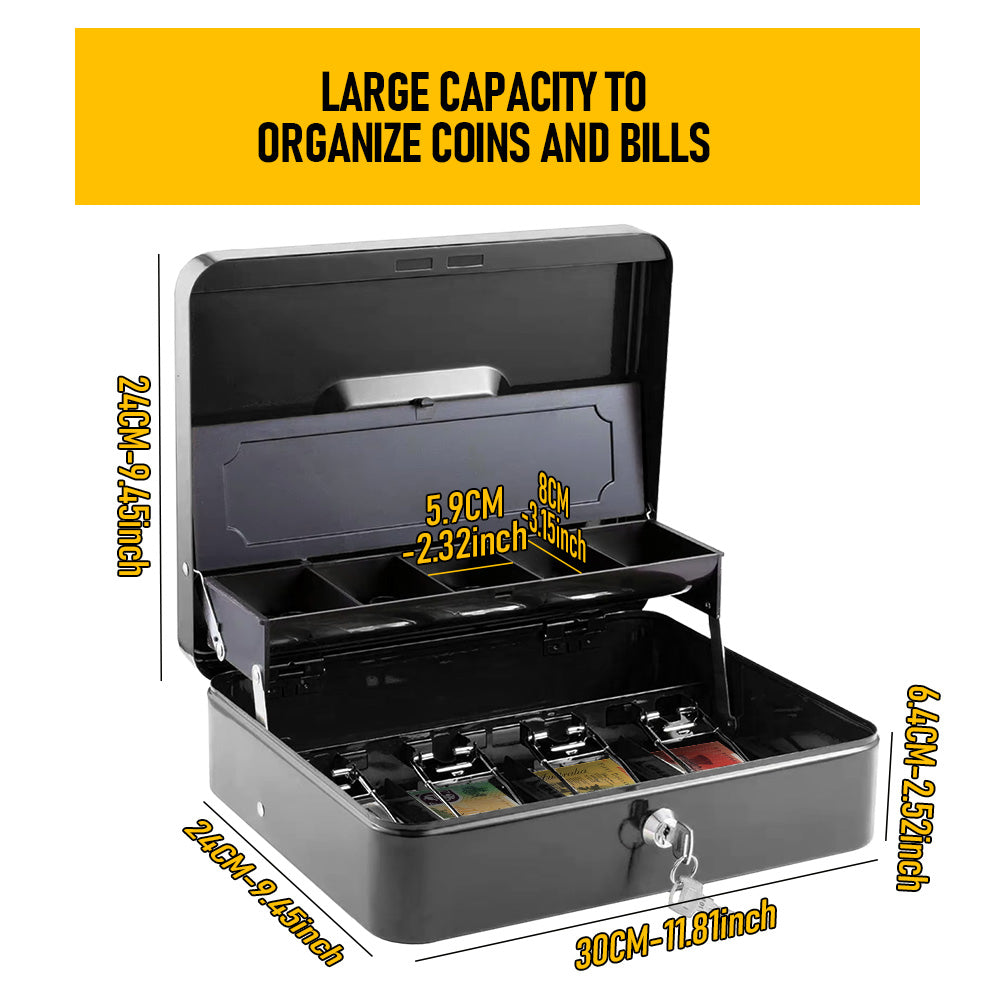 Metal Cash Box with Security Lock & 2 Keys | Coin Retainer Cover | Includes Free Alloy Security Cable | For Business, Office & Home