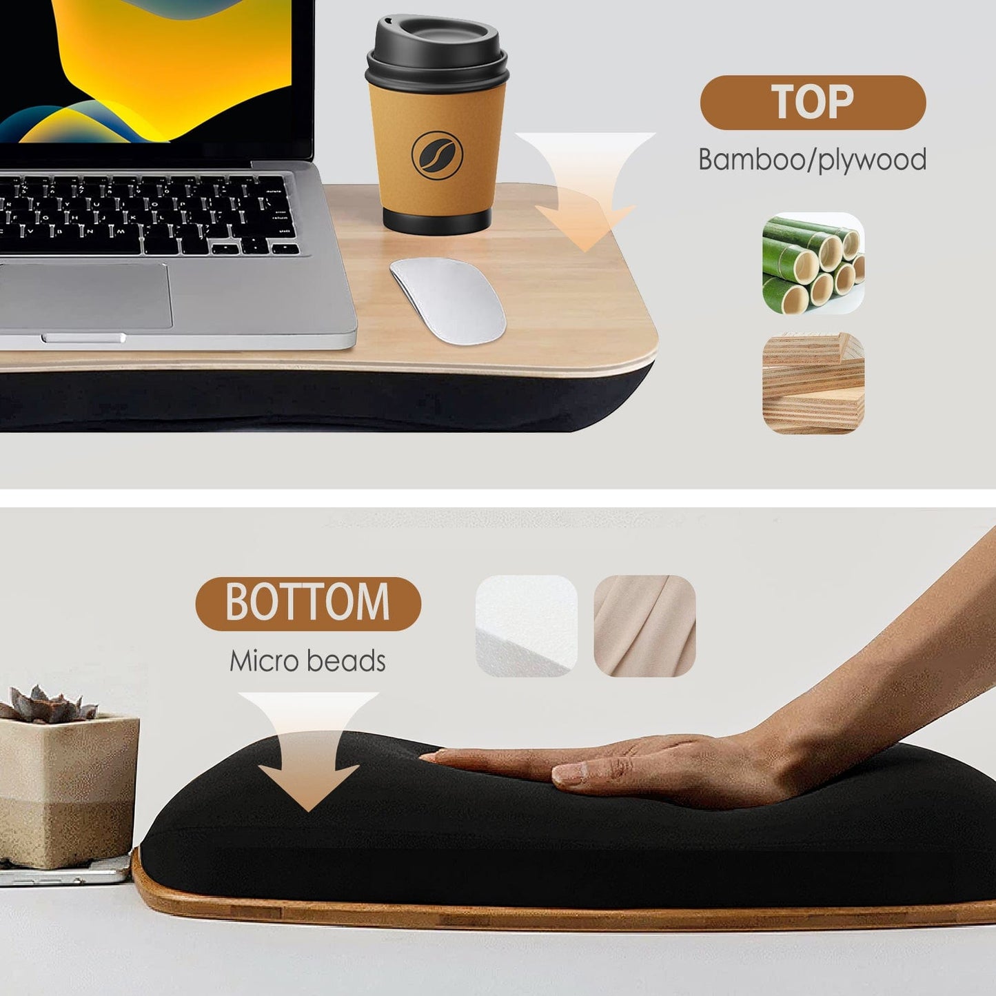 2 Pcs Portable Bamboo Lap Tray Workstation – Bamboo/Plywood Top, Soft Micro-Bead Base