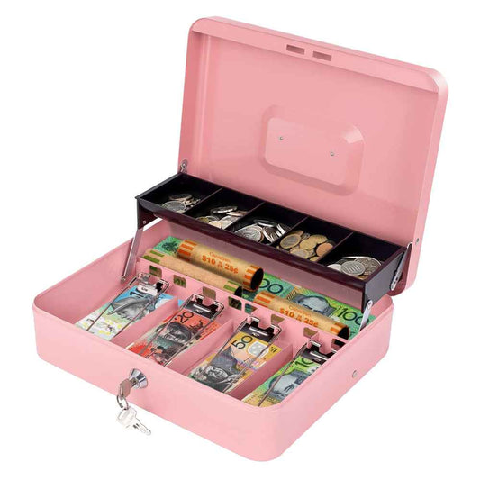 Metal Cash Box with Security Lock & 2 Keys - 4 Bill/5 Coin Tray Storage, Large Lockable Money Box for Small Business/Home (Pink)