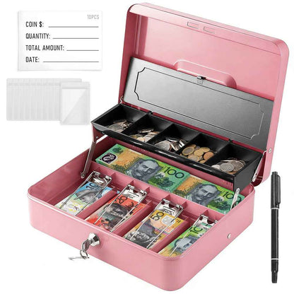 Metal Cash Box with Security Lock & 2 Keys, 4 Bill & 5 Coin Tray with Coin Retainer Cover, Large Lockable Money Box for Small Business, Office, Home, Fundraising & Events