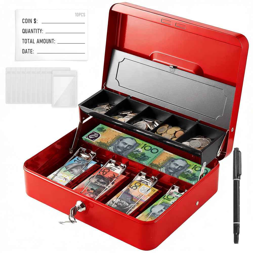 Metal Cash Box with Security Lock & 2 Keys, 4 Bill & 5 Coin Tray with Coin Retainer Cover, Large Lockable Money Box for Small Business, Office, Home, Fundraising & Events
