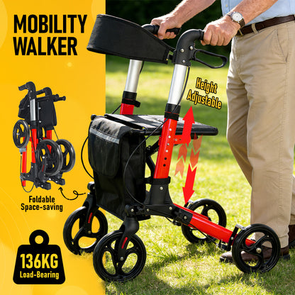 Aluminium Rollator Walker with Seat & Storage Bag | Foldable 4-Wheel Mobility Aid for Elderly | Red