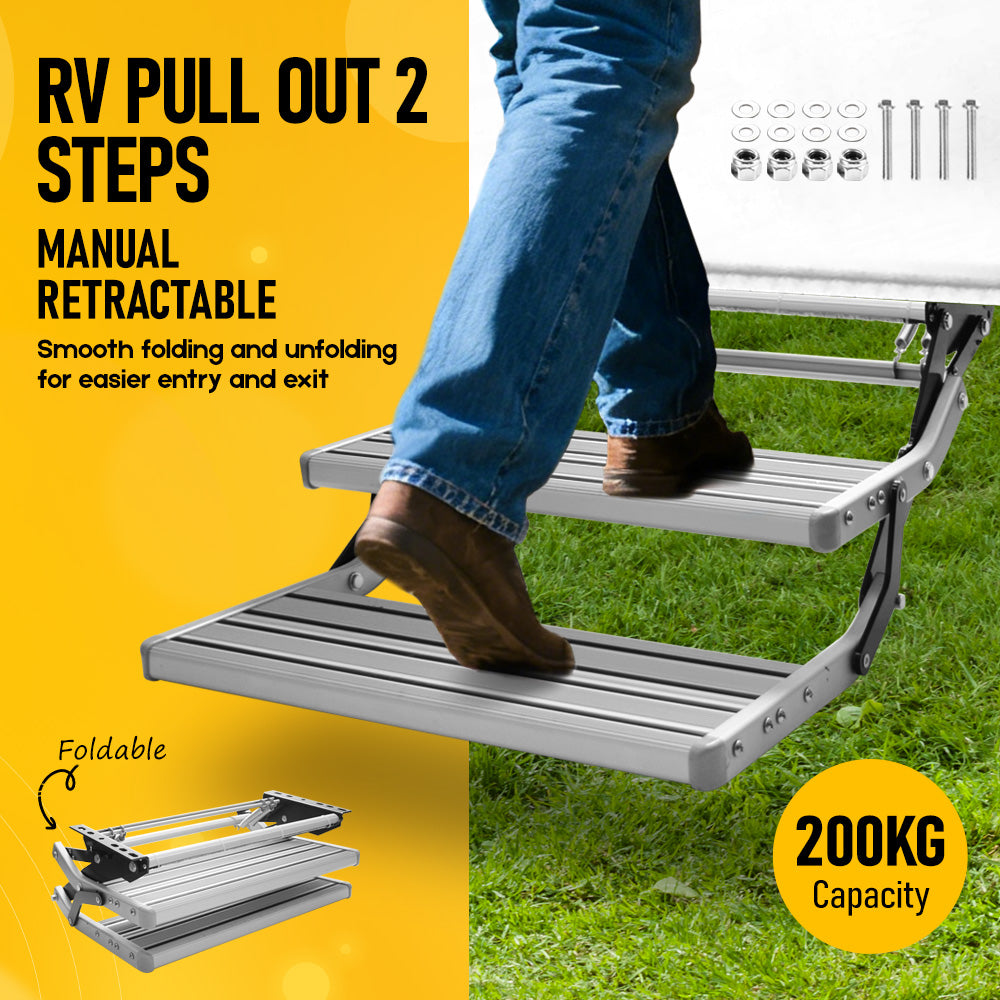 200kg Heavy Duty Double Aluminium Caravan Step, Foldable Pull-Out RV Entry Step with Anti-Slip Surface, 2-Step Ladder for Caravan, Motorhome, Camper Van & Camper Trailer