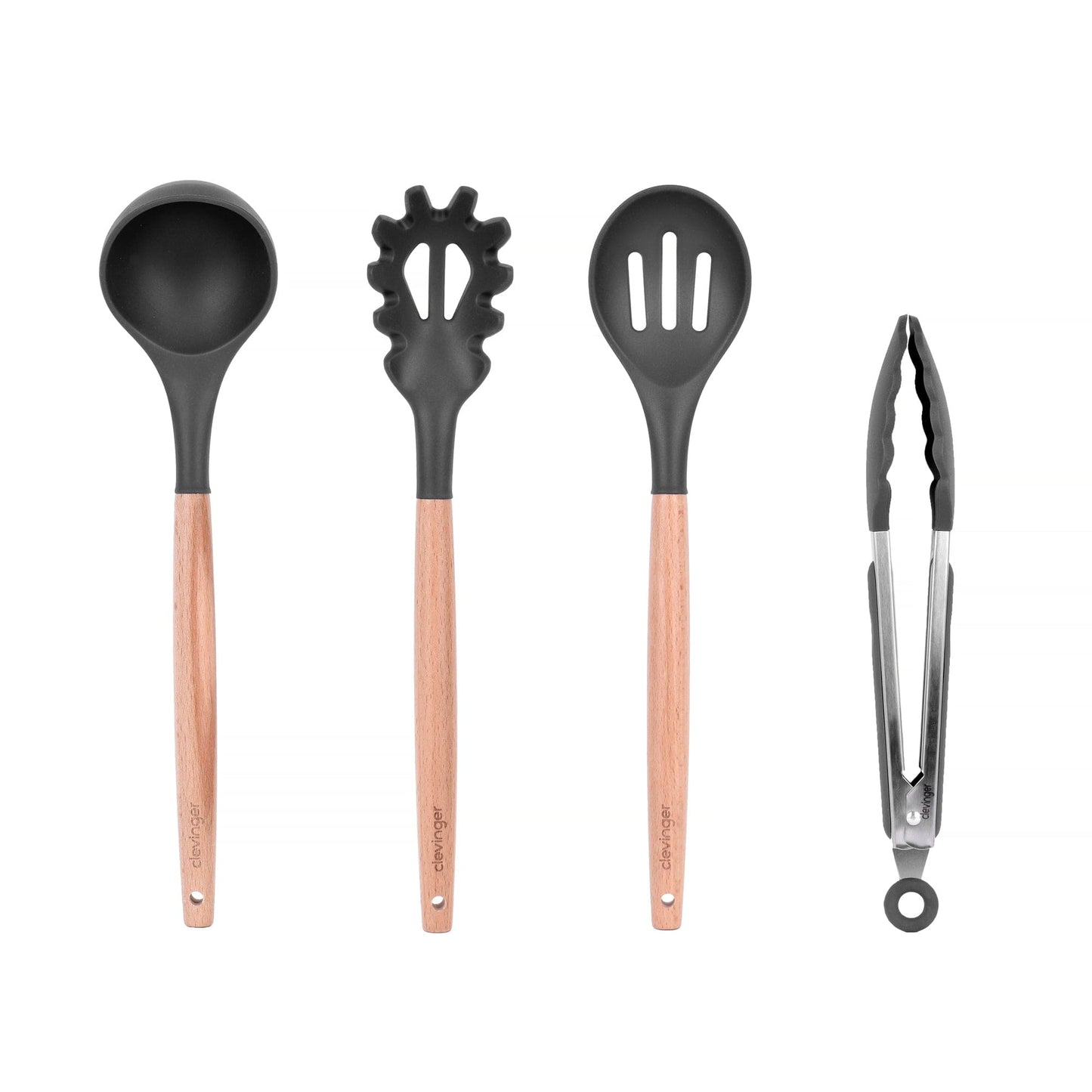 4 Pcs Beechwood & Silicone Kitchen Serving Utensils Set - Ladle/Pasta Server/Tongs/Slotted Spoon - Charcoal
