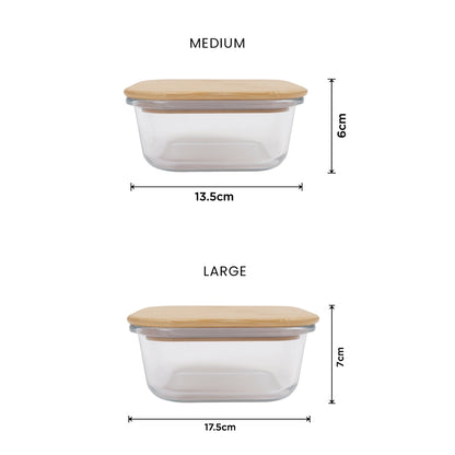 2 Pcs Bamboo‑Cover Food Containers – Medium  & Large, Clear Glass, Plastic‑Free