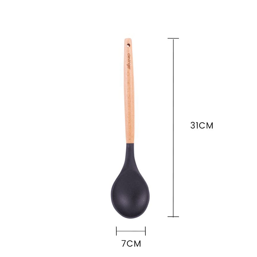 3 Pcs Beechwood & Silicone Kitchen Cooking Utensils Set - Turner/Spoon/Slotted Turner  - Charcoal