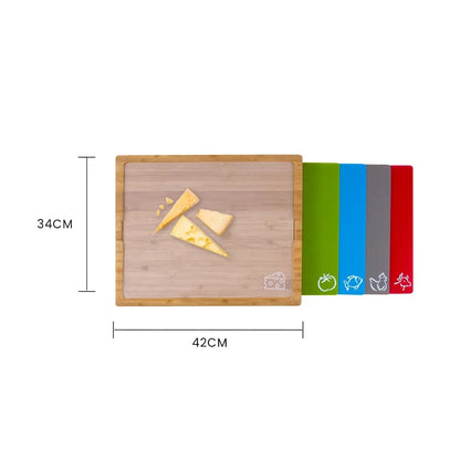Bamboo Chopping Board with 5 Pcs Color-Coded Flexible Cutting Mats