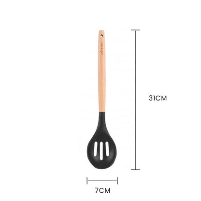4 Pcs Beechwood & Silicone Kitchen Serving Utensils Set - Ladle/Pasta Server/Tongs/Slotted Spoon - Charcoal