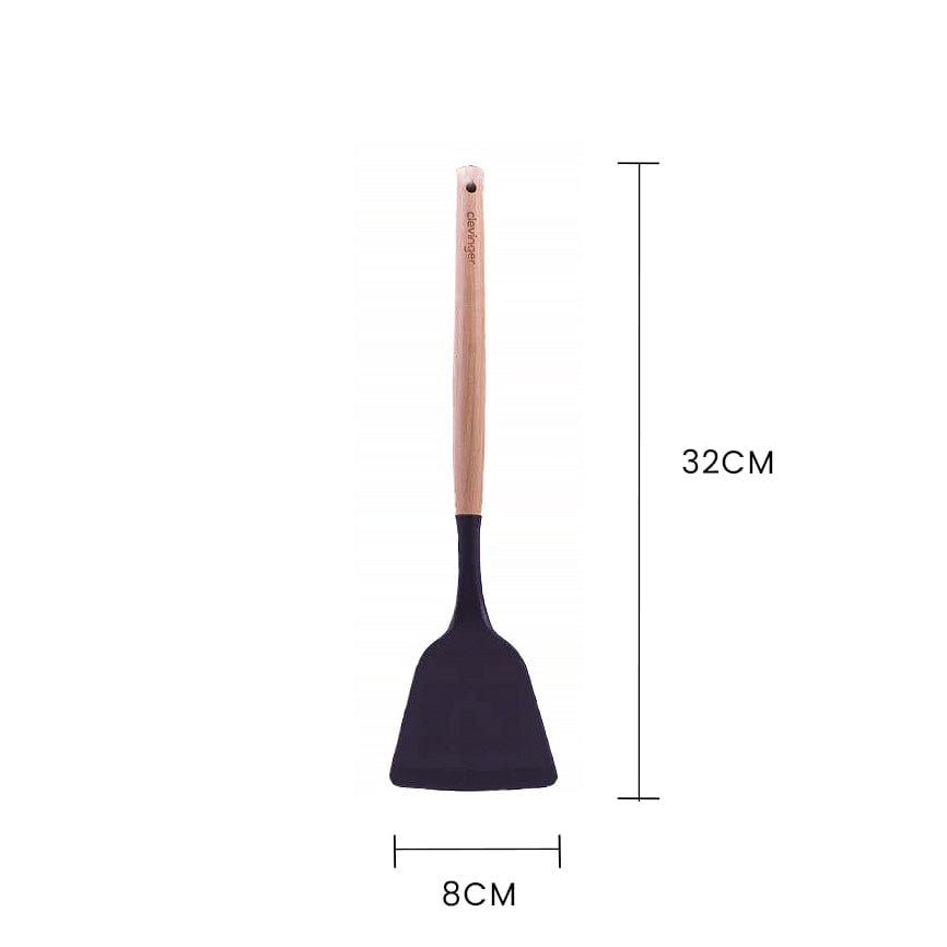 3 Pcs Beechwood & Silicone Kitchen Cooking Utensils Set - Turner/Spoon/Slotted Turner  - Charcoal
