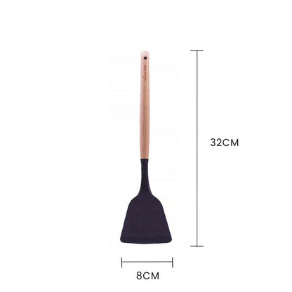 3 Pcs Beechwood & Silicone Kitchen Cooking Utensils Set - Turner/Spoon/Slotted Turner  - Charcoal