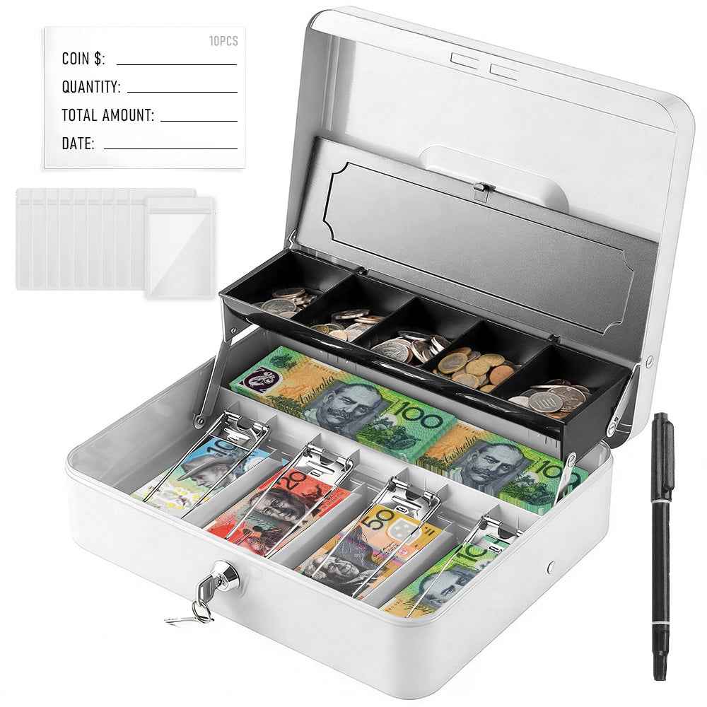 Metal Cash Box with Security Lock & 2 Keys, 4 Bill & 5 Coin Tray with Coin Retainer Cover, Large Lockable Money Box for Small Business, Office, Home, Fundraising & Events