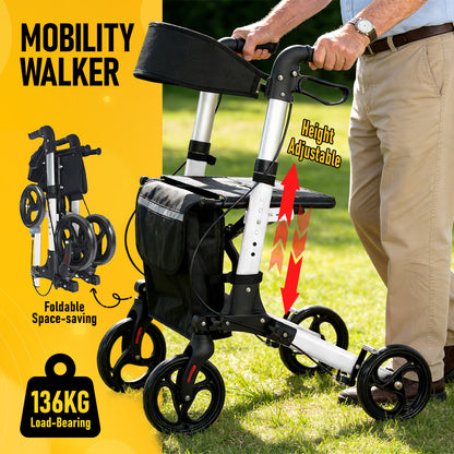 Aluminium Rollator Walker with Seat & Storage Bag | Foldable 4-Wheel Mobility Aid for Elderly | White