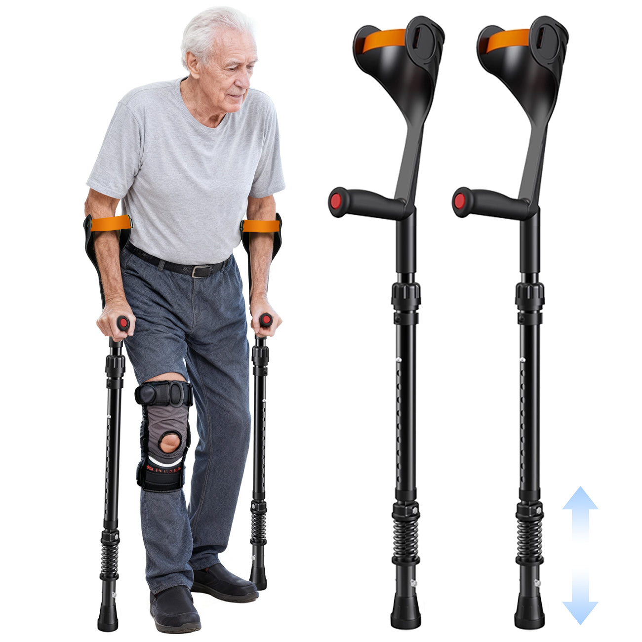 Pair of Forearm Crutches for Adults Adjustable Arm Crutch with Spring-Loaded Cushioning Design, Portable Crutches for Adults,Elderly, Walking Black